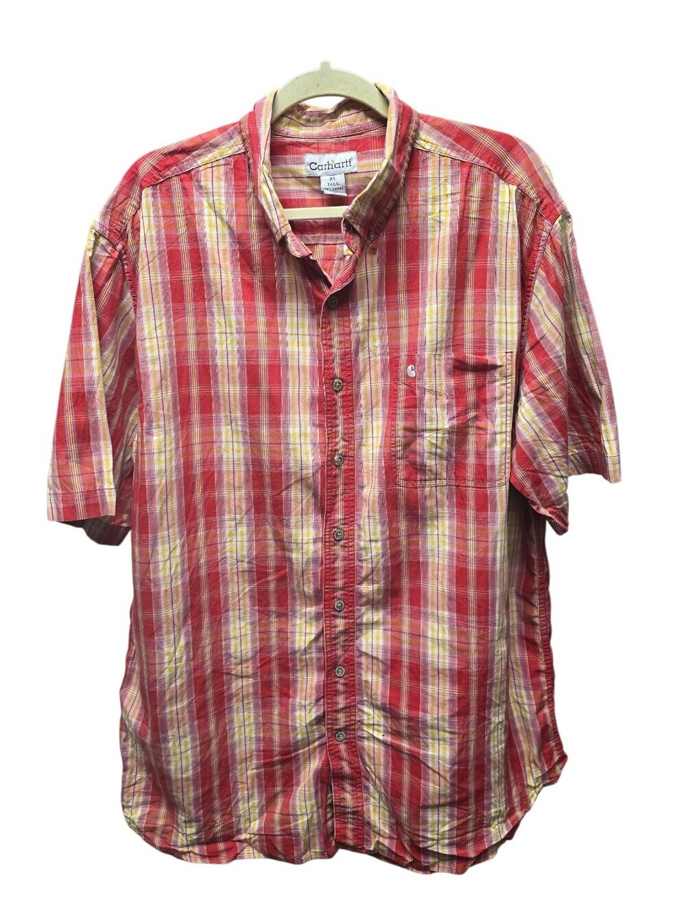 Carhartt Men’s Red and Yellow Plaid Short-Sleeve Button-Down Shirt Sz. XL TALL